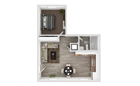 a stylized floor plan with a bedroom and a living room